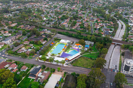 Sydney NSW Australia - January 21st 2022 - Drone aerial photo of Wentworthville Swimming Centre in Wentworthville, Greater Western Sydneyのeditorial素材