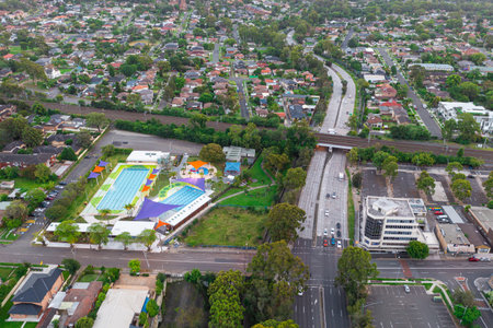 Sydney NSW Australia - January 21st 2022 - Drone aerial photo of Wentworthville Swimming Centre in Wentworthville, Greater Western Sydneyのeditorial素材