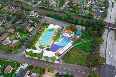 Sydney NSW Australia - January 21st 2022 - Drone aerial photo of Wentworthville Swimming Centre in Wentworthville, Greater Western Sydneyのeditorial素材