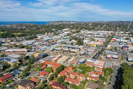 Sydney NSW Australia - June 22nd 2022 - Aerial drone view of Brookvale commercial industrial area, Northern Beaches are with Manly in the distance.のeditorial素材