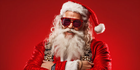 Portrait of a cool looking Santa Claus wearing sunglasses, red background.の素材