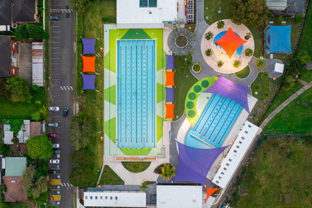 Sydney NSW Australia - January 21st 2022 - Drone aerial photo of Wentworthville Swimming Centre in Wentworthville, Greater Western Sydneyのeditorial素材