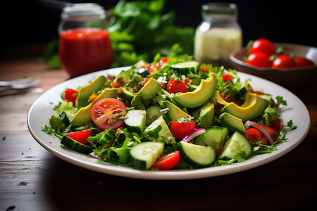 Healthy vegan lunch bowl. Avocado, quinoa, tomato, cucumber and radish vegetables salad. Top viewの素材