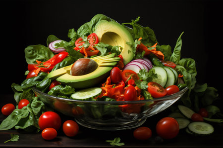 Healthy vegan lunch bowl. Avocado, quinoa, tomato, cucumber and radish vegetables salad. Top viewの素材