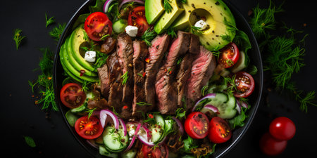 Top view of delicious grilled beef steak and fresh vegetable salad served on plate on wooden dark tableの素材