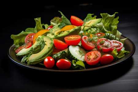Healthy vegan lunch bowl. Avocado, quinoa, tomato, cucumber and radish vegetables salad. Top viewの素材