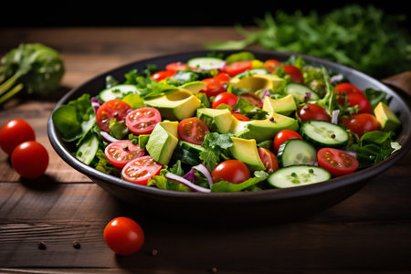 Healthy vegan lunch bowl. Avocado, quinoa, tomato, cucumber and radish vegetables salad. Top viewの素材