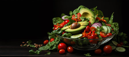 Healthy vegan lunch bowl. Avocado, quinoa, tomato, cucumber and radish vegetables salad. Top viewの素材