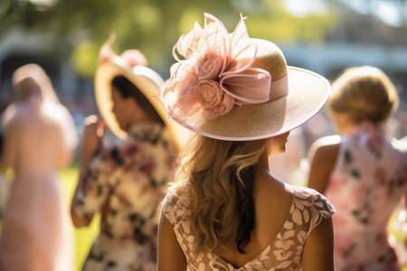 Young pretty woman in beautiful dress wearing fascinator. Ladies in dresses at horse racing track.の素材