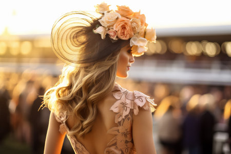 Young pretty woman in beautiful dress wearing fascinator. Ladies in dresses at horse racing track.の素材