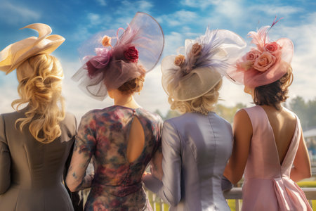 Young pretty women in beautiful dresses wearing fascinators. Ladies in dresses watching horse racing.の素材