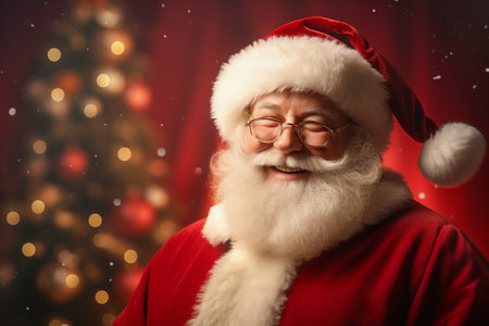 Portrait of a happy Santa Clause looking into the camera. Christmas tree and decorations in the background.の素材