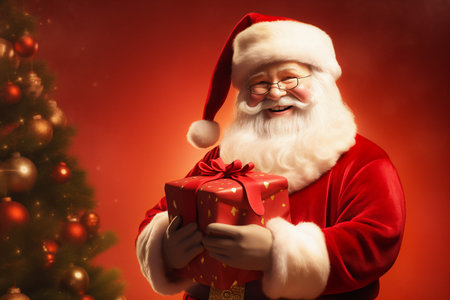 Portrait of a happy Santa Clause looking into the camera. Christmas tree and decorations in the background.の素材