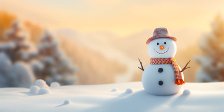 Happy snowman standing in snowy winter landscape. Merry Christmas and Happy New Year greeting card with copy space.の素材