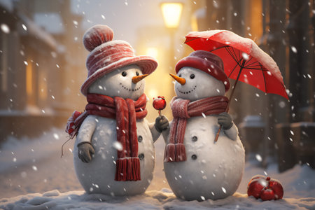Two happy snowmen standing in the street at night. Warm street lights glowing. Merry Christmas and Happy New Year concept.の素材