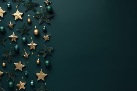 Christmas background with stars in green and gold colors. Copy space, top view, flat lay.の素材