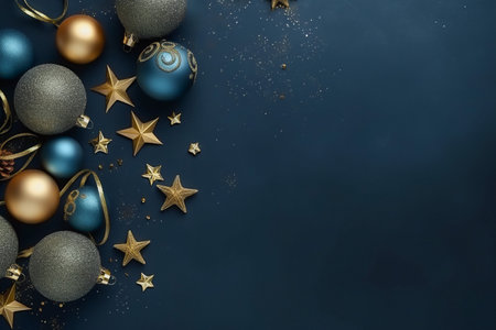 Christmas background with decor in blue and gold colors. Copy space, top view, flat lay.の素材