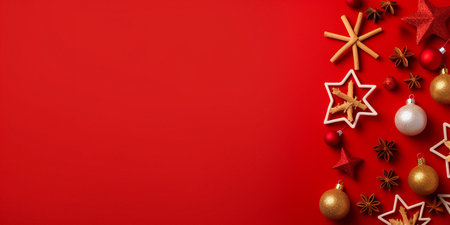 Christmas red background with decor in red and gold colors. Top view, flat lay.の素材
