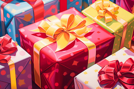 Group of Christmas gifts on a colored background. Merry Christmas presents.の素材