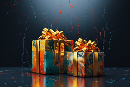 Group of Christmas gifts on a colored background. Merry Christmas presents.の素材