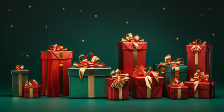 Group of Christmas gifts on a dark green background. Merry Christmas presents.の素材