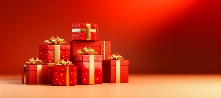 Group of Christmas gifts on a red background with copy space. Merry Christmas presents.の素材