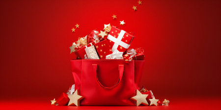 Santa claus bag full of gifts and decorations on red background, copy space. Merry Christmas shopping concept.の素材