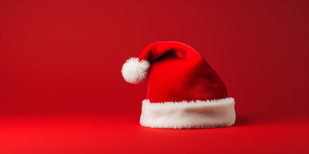 Santa Claus red hat close up on red background. Merry Christmas concept with copy space.の素材