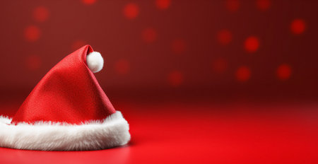 Santa Claus red hat close up on red background. Merry Christmas concept with copy space.の素材