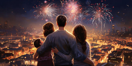 Happy New Year celebration. Family of four watching New Year's Eve fireworks show.の素材