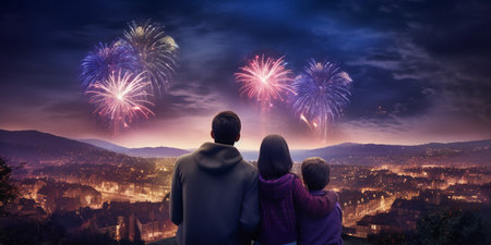 Happy New Year celebration. Family of three watching New Year's Eve fireworks show.の素材