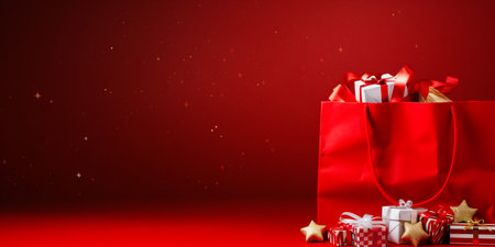 Santa claus bag full of gifts and decorations on red background, copy space. Merry Christmas shopping concept.の写真素材