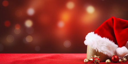 Santa Claus red hat close up on red background. Merry Christmas concept with copy space.の写真素材