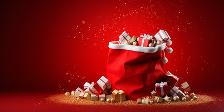 Santa claus bag full of gifts and decorations on red background, copy space. Merry Christmas shopping concept.の写真素材