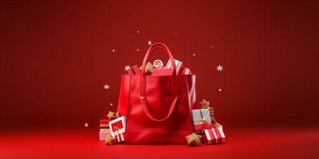 Santa claus bag full of gifts and decorations on red background, copy space. Merry Christmas shopping concept.の写真素材
