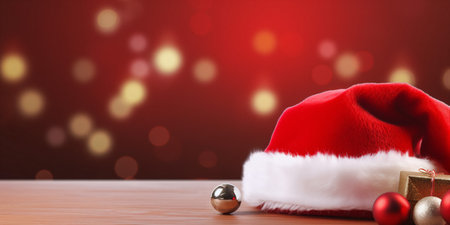 Santa Claus red hat close up on red background. Merry Christmas concept with copy space.の写真素材