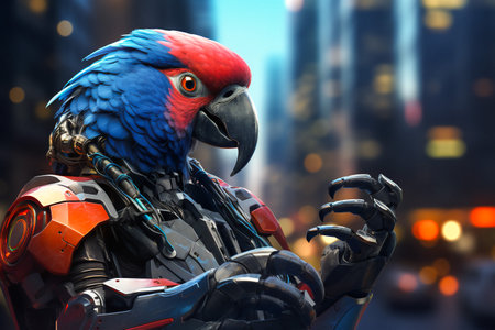 Futuristic half parrot half robot standing on street. Cyborg, half animal half machine. Nature and technology concept.の素材