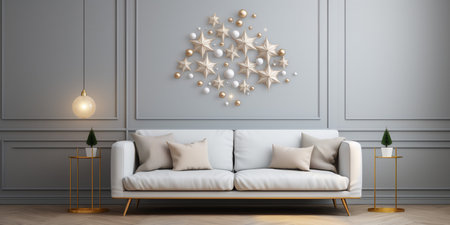 Modern living room interior design with sofa, plants and christmas decorations on the wall. Interior design concept.の写真素材