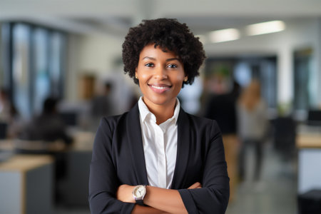 Business woman. Portrait of a african american, beautiful, young and happy woman in a suit standing in a modern office. Smiling female manager looking at the camera in a workplace meeting area.の素材
