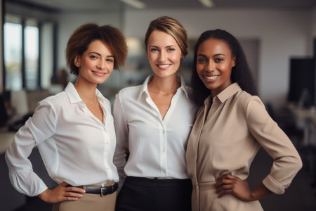Business women. Portrait of multiracial group of beautiful and happy female employees standing in a modern office. Smiling office workers looking at the camera in a workplace meeting area.の素材