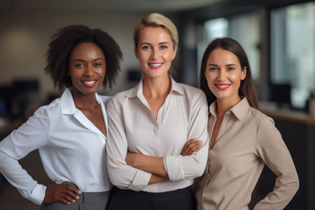 Business women. Portrait of multiracial group of beautiful and happy female employees standing in a modern office. Smiling office workers looking at the camera in a workplace meeting area.の素材