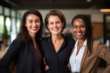 Business women. Portrait of multiracial group of beautiful and happy female employees standing in a modern office. Smiling office workers looking at the camera in a workplace meeting area.の素材