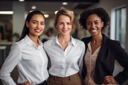 Business women. Portrait of multiracial group of beautiful and happy female employees standing in a modern office. Smiling office workers looking at the camera in a workplace meeting area.の素材