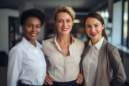 Business women. Portrait of multiracial group of beautiful and happy female employees standing in a modern office. Smiling office workers looking at the camera in a workplace meeting area.の素材