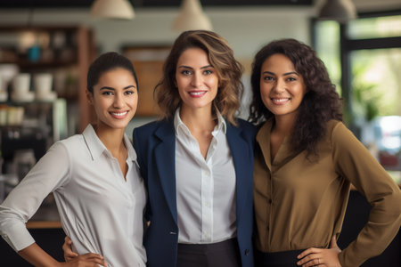 Business women. Portrait of multiracial group of beautiful and happy female employees standing in a modern office. Smiling office workers looking at the camera in a workplace meeting area.の素材