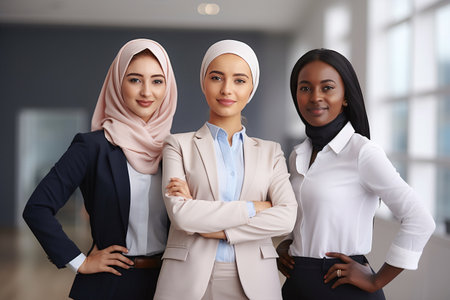 Business women. Portrait of multiracial group of beautiful and happy female employees standing in a modern office. Smiling office workers looking at the camera in a workplace meeting area.の素材