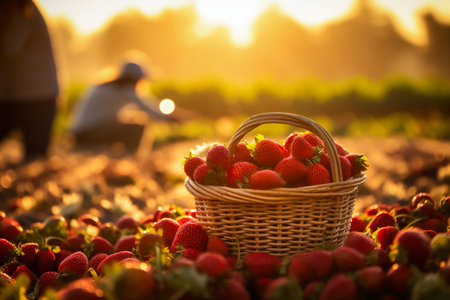 Strawberries in a basket. Woven basket full of strawberries in a strawberry field on a berry plantation.の素材