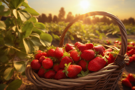 Strawberries in a basket. Woven basket full of strawberries in a strawberry field on a berry plantation.の素材