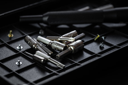 Torx drive bit and aluminum bit driver on black sorting tray. Screws and drive bits scattered...