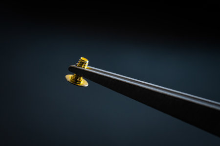 Stainless steel precision tweezers holding machine flat screw. Metal picking tool.の写真素材